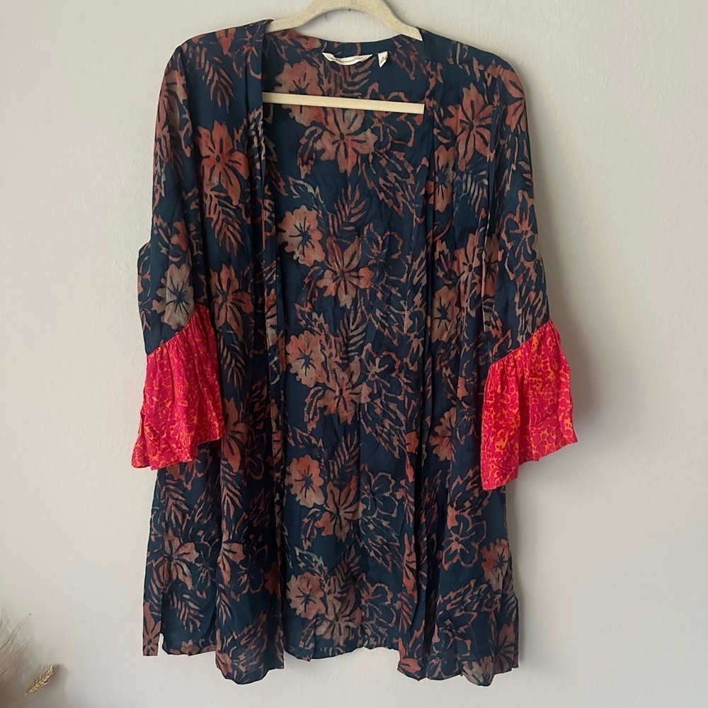 Soft Surroundings Floral Bell Sleeve Kimono Duster in Navy M - Picture 3 of 10